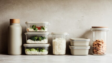 Various food storage containers lined up on a kitchen counter with healthy ingredients ready for meal prep