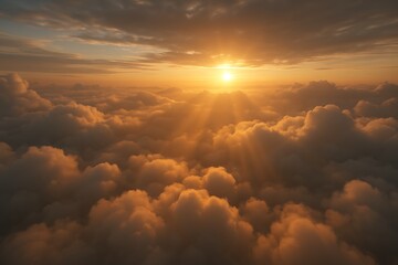 Golden sunset illuminating a sea of fluffy clouds from above