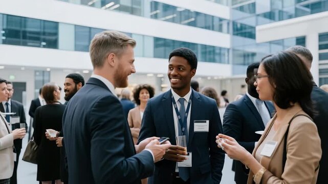 A diverse group of business professionals engaging in networking conversation during a corporate event in a modern office environment. Concept of teamwork and connection. - Powered by Adobe