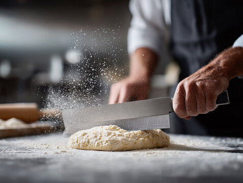 Crafting dough, a chef slices with precision. Flour explodes in a burst of artful baking. Perfect for culinary blogs, artisanal food, and recipe content. Skill, tradition.