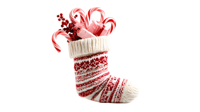 Christmas stocking filled with small gifts and candy canes isolated on white background