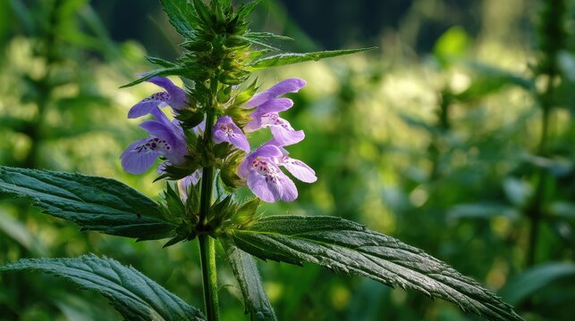 In summer Galeopsis speciosa a plant in the mint family flowers among wild herbs