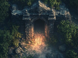 Fototapeta premium Mysterious stone structure entrance with overgrown greenery in a fantasy setting