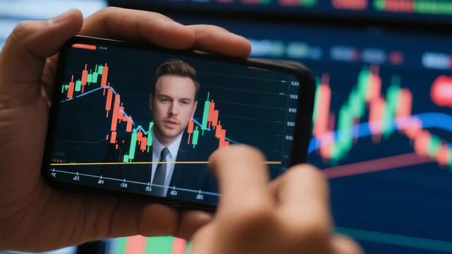 Close-up of hands holding smartphone displaying financial charts and a suited man. Stock market, investing, and trading concepts shown on mobile device. - Powered by Adobe