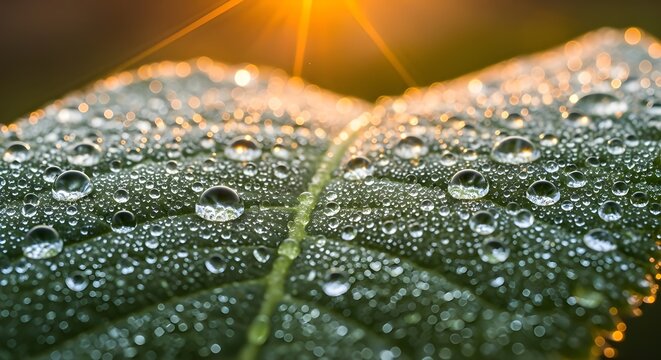 Dewdrops on Green Leaf with Golden Sunlight