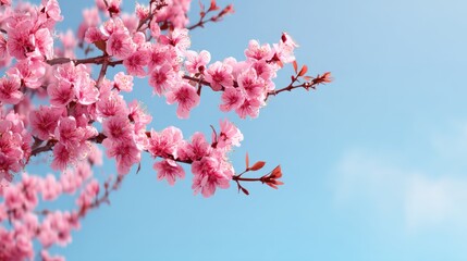 Beautiful pink cherry blossom flowers blooming against a clear blue sky, showcasing the vibrant colors of spring and natural beauty in the outdoors.