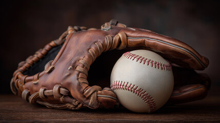 A clean studio shot of a baseball and glove resting side-by-side, ready for a game