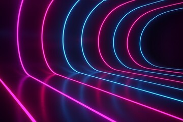Vibrant neon lights curve through a dark tunnel