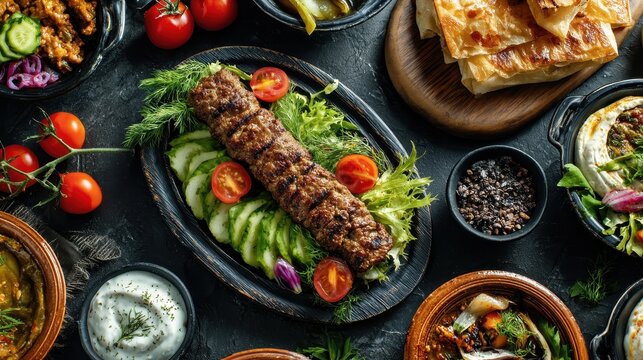 Savory meat kebab accompanied by a fresh vegetable salad and a selection of Turkish dishes and appetizers Overhead view of diverse Turkish cuisine and healthy Mediterranean mez