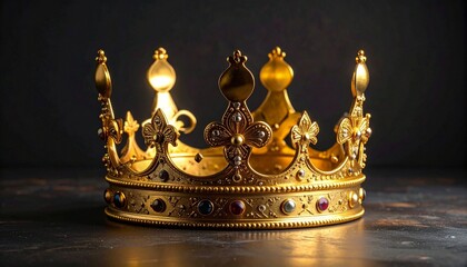 Ornate golden crown with red gemstones on dark surface against black background, symbolizing royalty