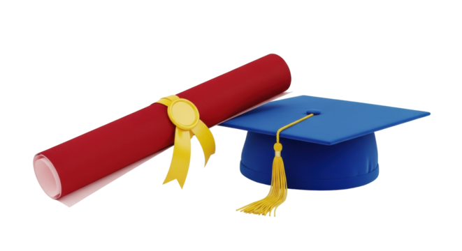 Isolated graduation cap and diploma scroll with yellow ribbon for university achievement