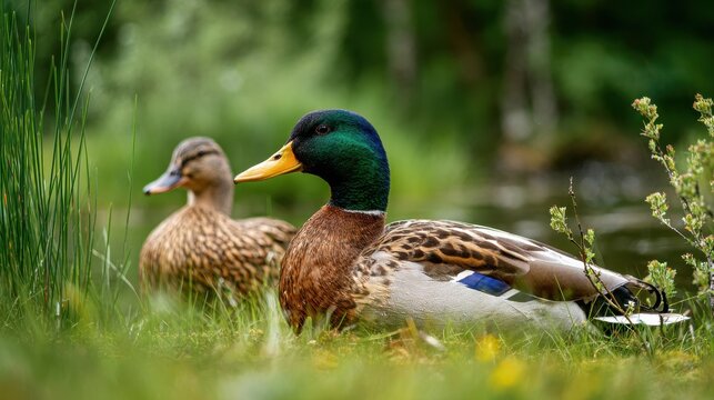 A lively male mallard rests peacefully on lush grass beside a female duck by a serene pond in daylight - Powered by Adobe