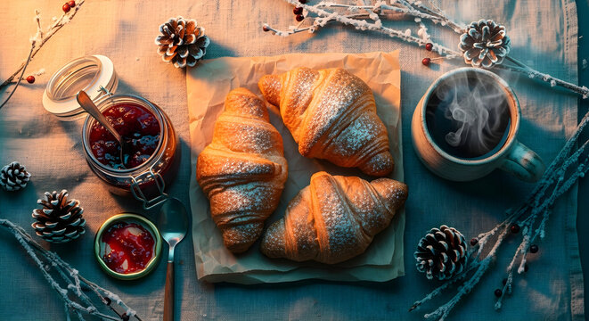 Cozy winter breakfast with croissants, jam and hot coffee, top view