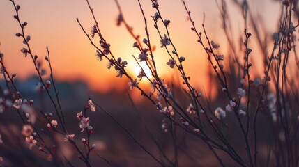 Fototapeta premium Delicate Blossoms at Sunset with Soft Light Creating a Serene Atmosphere in Nature's Beauty during Spring Season