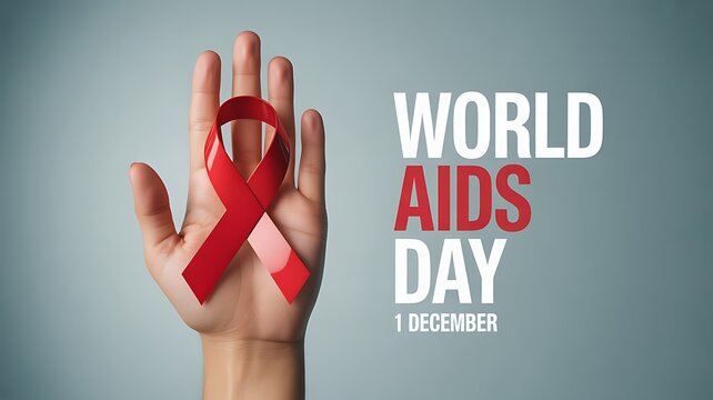 World aids day with red ribbon on hand isolated on white background concept