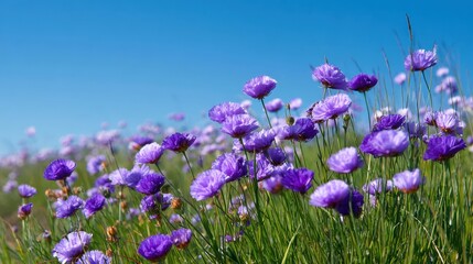 Obraz premium A lively patch of blooming purple flowers in a green field under a clear blue sky