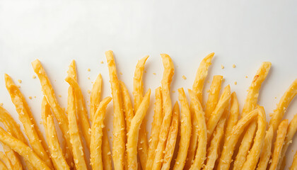 Close up of golden brown breadsticks arranged on a plain white surface backdrop 4k and hd image