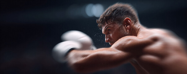 Intense closeup of a determined boxer throwing a punch. Powerful and dynamic, symbolizing strength, focus, and competition. Perfect for sports, fitness, and motivational themes.