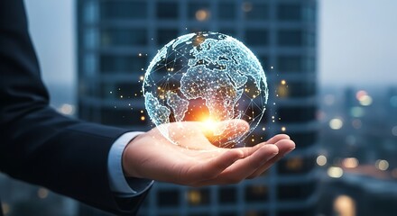 A businessman holding a digital globe in his hand against a blurred city background at daytime
