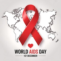 World aids day awareness with red ribbon and heart on world map illustration
