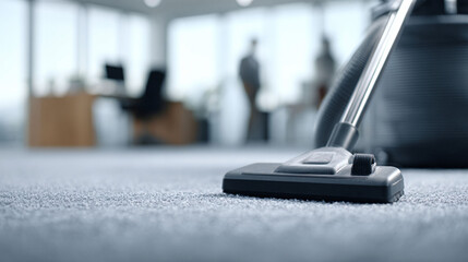 Closeup of a vacuum cleaner on a carpeted office floor. Depicts cleanliness, hygiene, and maintenance in a professional workspace. Illustrates order and wellbeing.