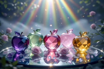 A surreal enchanting display of crystals shaped like apples glimmering amethyst rose quartz citrine