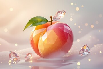 A whole peach sculpted entirely from shimmering crystals