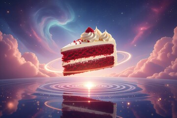 A slice of red velvet cake suspended in a dreamy cosmic realm