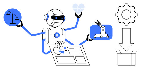 Fototapeta premium Robot with multiple arms balancing scales, heart, robotic arm, gear, documents, and download. Ideal for technology, AI automation efficiency innovation ethics sustainability. Simple flat