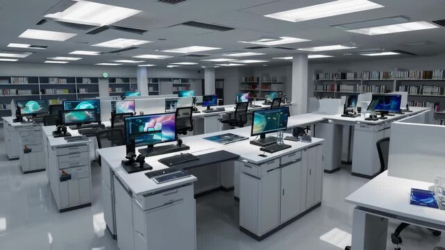 Modern office workspace featuring multiple computer desks, bright lighting, bookshelves, and advanced technology clean, organized, high tech