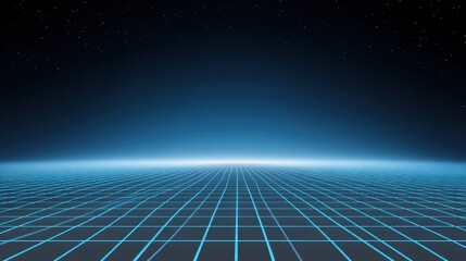 Futuristic neon grid landscape with starry night sky and glowing horizon creates an immersive digital environment for design and technology themes