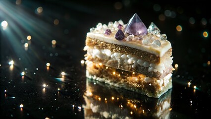 A luxurious slice of cake and shimmering crystals