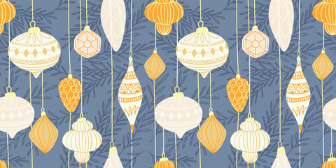 Christmas ornaments seamless pattern. Gold and white baubles on blue background