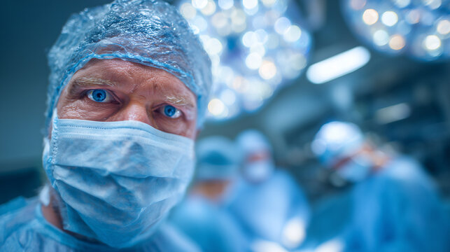 Close-up view of surgeonsâ focused eyes above their masks, hands moving with careful expertise, surgical lights flooding the room with clarity, creating a sterile yet intense atmos