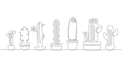 Continuous Line Drawing of Vector Set of Cute Cactus Black and White Sketch House Plants Isolated on White Background. Potted Cactus Family One Line Hand Drawn Illustration