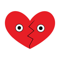 A cartoon red broken heart isolated on white background with eyes, symbolizing sadness and loss