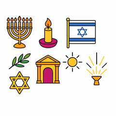 Fototapeta premium Holy Menorah Symbols. Holy Menorah Ceremony modern flat icon set: menorah, candlelight, Israeli flag, olive branch, star, temple gate, glow, light ray.