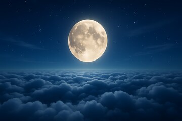 Full moon shining brightly above a sea of clouds at night
