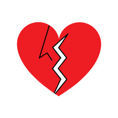 Illustration of a red broken heart with a jagged white crack isolated on white background