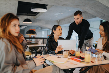 A diverse group of colleagues gathers around a table in a contemporary workspace, discussing a document while sharing ideas. Lattes and juice stand on the table as they collaborate on a project.