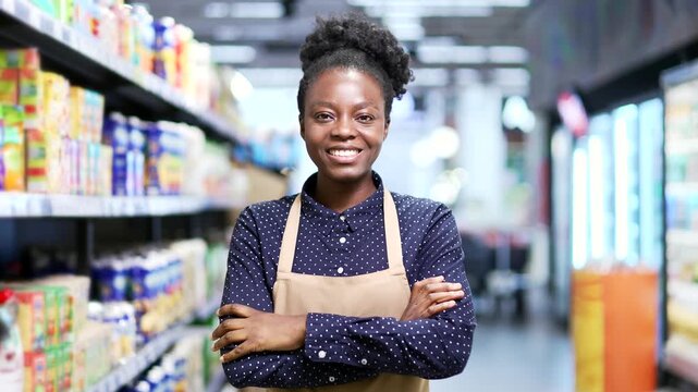 Portrait of a smiling African American female supermarket worker standing with crossed arms between rows of shelves in market grocery store. Happy sales manager or owner in apron looking at camera