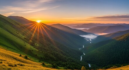 Sunrise over mountain range with river valley