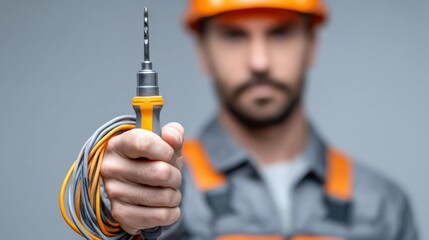 Studio shot, clean composition. An electrician poses as if installing a doorbell in front of a neutral gray background, his face hidden. 