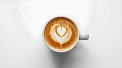 Cup of Coffee with Heart Latte Art on White Background, Top-Down View of Creamy Coffee Surface and Ceramic Mug, Minimalist Composition Highlighting Contrast Between Rich Brown Tones