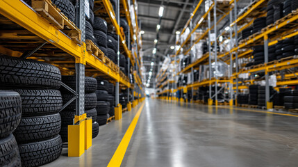 A dramatic perspective shot of long aisles of yellow shelving filled with tires, extending into the distance, with strong lines, repeating forms, and high contrast lighting emphasi