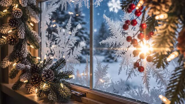 Christmas window decoration with snowflakes and festive lights  