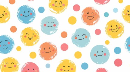 Cute hand drawn smiley faces pattern with colorful circles on white background