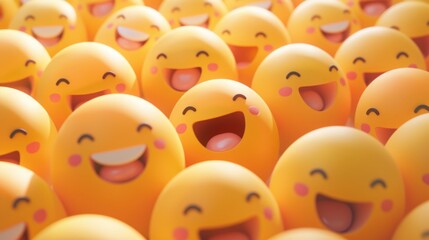 Happy yellow smiling and laughing faces with various face emotions and expressions on warm orange background