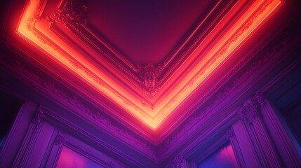 Geometric abstraction of ornate ceiling corner with vibrant neon lighting