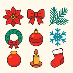 Obraz premium Holiday Icon Set. Traditional Holiday Colors modern flat icon set: poinsettia, red bow, pine branches, snowflake, wreath, ornament, candle, stocking.